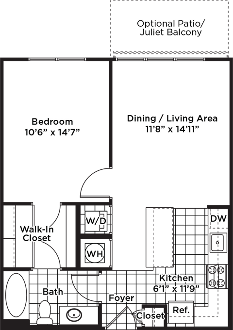 Floor plan for 1 bed, 1 bath, 672 sqft