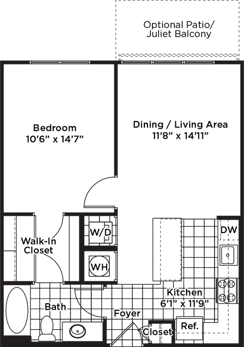 Floor plan for 1 bed, 1 bath, 672 sqft
