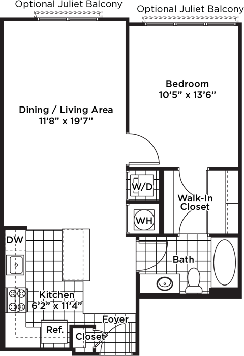Floor plan for 1 bed, 1 bath, 734 sqft