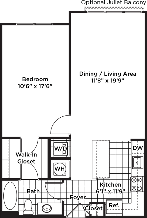 Floor plan for 1 bed, 1 bath, 785 sqft