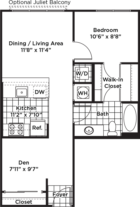 Floor plan for 1 bed, 1 bath, 753 sqft