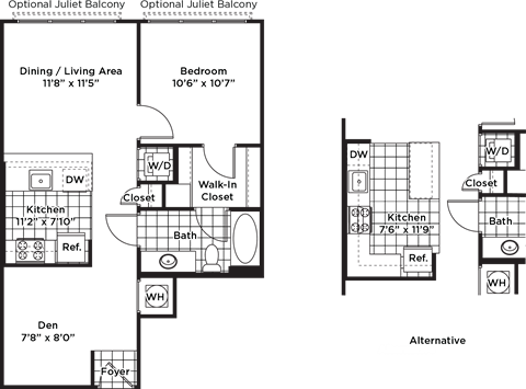 Floor plan for 1 bed, 1 bath, 705 sqft