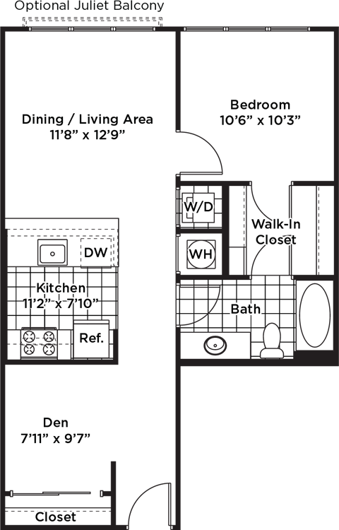 Floor plan for 1 bed, 1 bath, 724 sqft