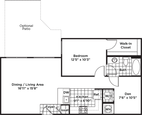 Floor plan for 1 bed, 1 bath, 835 sqft