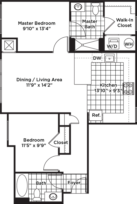 Floor plan for 2 beds, 2 baths, 908 sqft