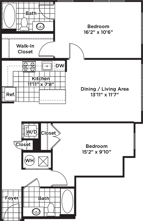 Floor plan for 2 beds, 2 baths, 1053 sqft