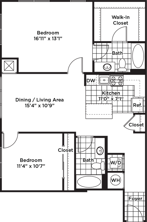 Floor plan for 2 beds, 2 baths, 1064 sqft