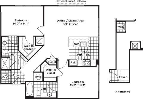 Floor plan for 2 beds, 2 baths, 1075 sqft