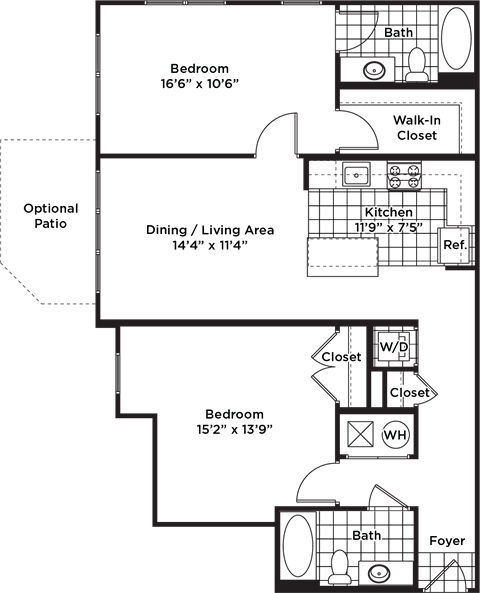 Floor plan for 2 beds, 2 baths, 1107 sqft
