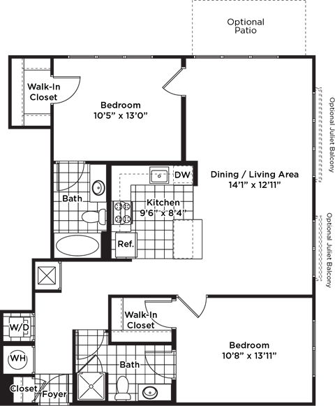 Floor plan for 2 beds, 2 baths, 1134 sqft