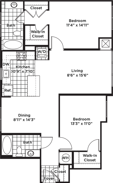 Floor plan for 2 beds, 2 baths, 1141 sqft
