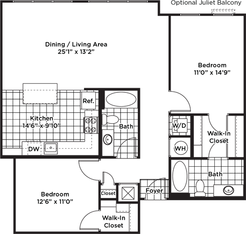 Floor plan for 2 beds, 2 baths, 1168 sqft