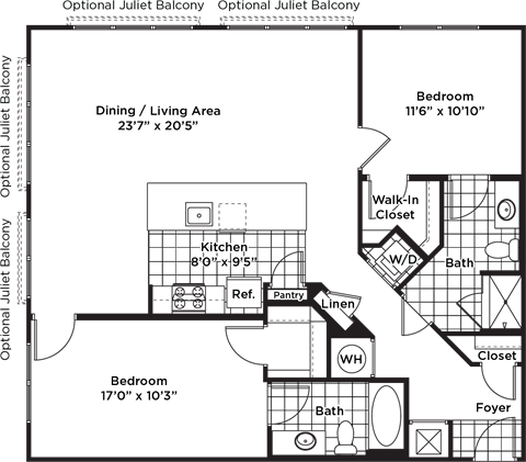 Floor plan for 2 beds, 2 baths, 1216 sqft