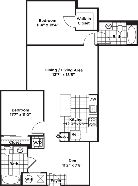 Floor plan for 2 beds, 2 baths, 1122 sqft
