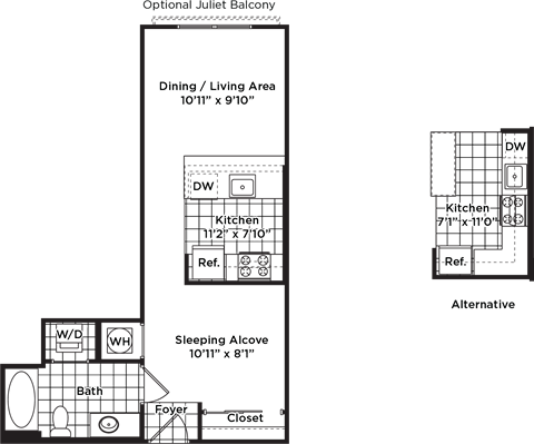 Floor plan for studio, 1 bath, 531 sqft