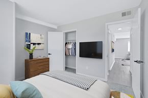 Newport News apartment for rent - a bedroom with a large bed and a tv in a closet