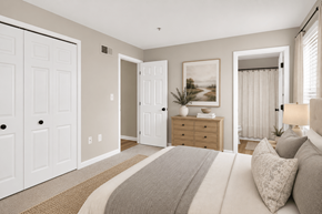 Fredericksburg apartment for rent - A bedroom with a large bed and a painting on the wall.