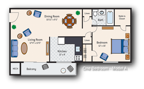 Floor plan for 1 bed, 1 bath, 714 sqft