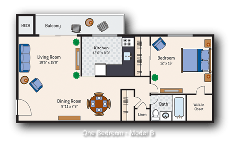 Floor plan for 1 bed, 1 bath, 737 sqft