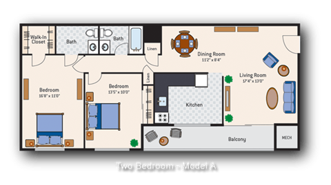 Floor plan for 2 beds, 1.5 baths, 858 sqft
