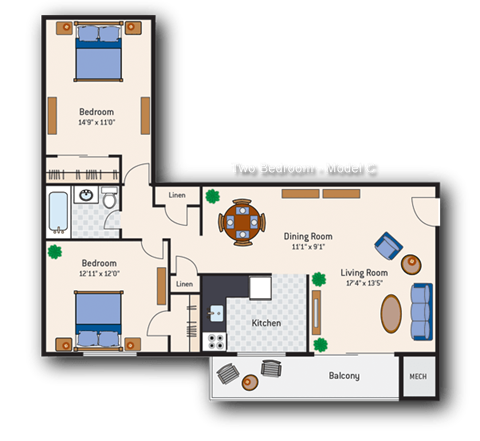 Floor plan for 2 beds, 1 bath, 871 sqft