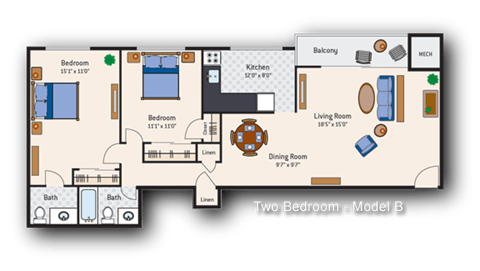 Floor plan for 2 beds, 1.5 baths, 901 sqft