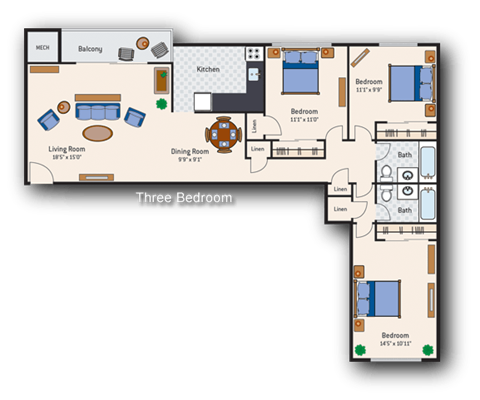 Floor plan for 3 beds, 2 baths, 1087 sqft