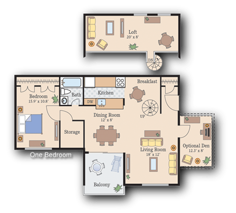 Floor plan for 1 bed, 1 bath, 772 sqft