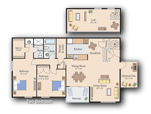 Floor plan for 2 beds, 2 baths, 1080 sqft