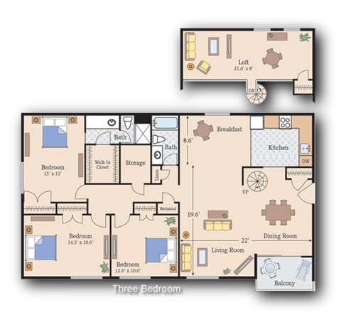 Floor plan for 3 beds, 2 baths, 1378 sqft