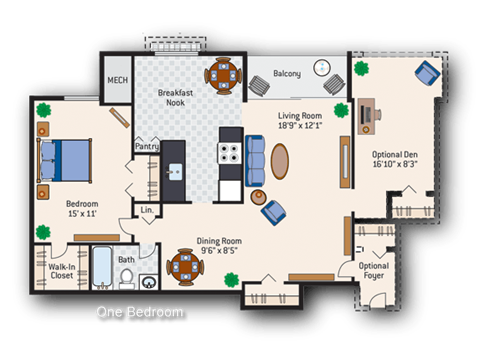 Floor plan for 1 bed, 1 bath, 785 sqft