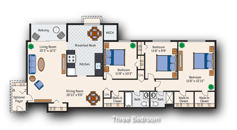 Floor plan for 3 beds, 2 baths, 1200 sqft