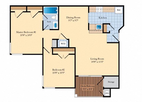 Floor plan for 2 beds, 1 bath, 877 sqft