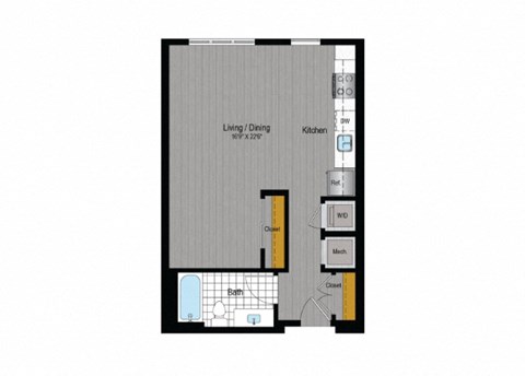 Floor plan for studio, 1 bath, 527 sqft