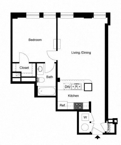 Floor plan for 1 bed, 1 bath, 654 sqft