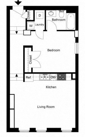 Floor plan for 1 bed, 1 bath, 695 sqft