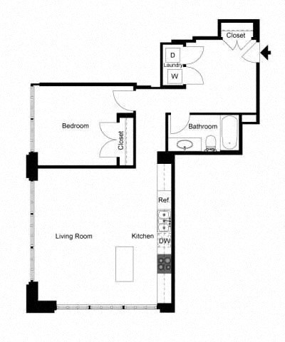 Floor plan for 1 bed, 1 bath, 847 sqft