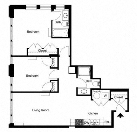 Floor plan for 2 beds, 2 baths, 949 sqft