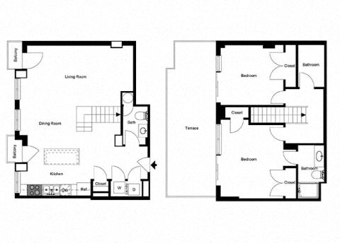 Floor plan for 2 beds, 2.5 baths, 1355 sqft