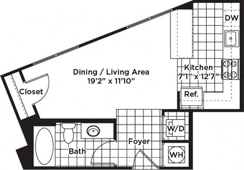 Floor plan for studio, 1 bath, 443 sqft