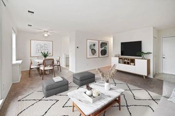 Gaithersburg apartment for rent - A living room with a grey rug and a white sofa.