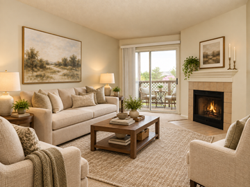 Winchester apartment for rent - A living room with a fireplace, couch, and painting on the wall.