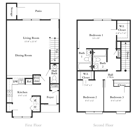 Floor plan for 3 beds, 2.5 baths, 1455 sqft