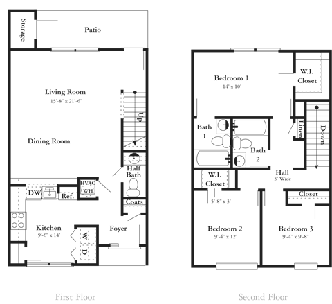 Floor plan for 3 beds, 2.5 baths, 1445 sqft