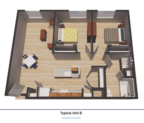 Floor plan for 2 beds, 1 bath, 892 sqft