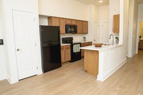 Fort Worth apartment for rent - A black refrigerator is in the corner of a kitchen.