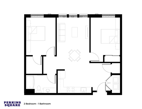 Floor plan for 2 beds, 1 bath, 1033 sqft
