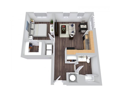 Floor plan for 1 bed, 1 bath, 617 sqft