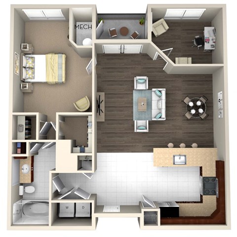 Floor plan for 1 bed, 1 bath, 898 sqft
