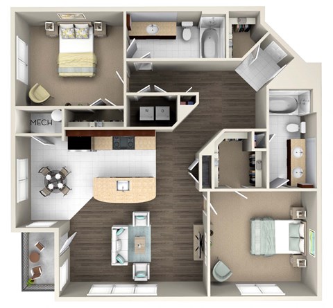 Floor plan for 2 beds, 2 baths, 1158 sqft